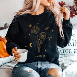 April Birth Flower Sweatshirt Birth Month Flower Aries Sweatshirt Aries Gift Zodiac Sweatshirt Celestial Sweater Alt Clothing Y2k Sweater