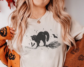 Halloween Cat Shirt Retro Halloween Shirt Black Cat Shirt Spooky Cat Mom Shirt Witchy Cat Spooky Season Shirt Plus Size Halloween Girocollo