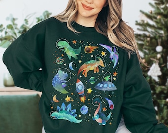 Weltraum Dinosaurier Sweatshirt Süßer Dinosaurier Pullover Kawaii Sweatshirt Dinosaurier Crewneck Dino Sweatshirt Erwachsene Dinosaurier Geschenk Dinosaurier Kleidung