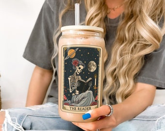 Skeleton Coffee Cups Tarot Card Mug Spooky Glass Cup Bookish Cup Cute Iced Coffee Glass Tumbler Book Lover Gift Bookish Things Booktok Merch