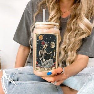 Esqueleto Tazas de Café Tarot Carta Taza Espeluznante Copa de Vidrio Copa Bookish Lindo Vaso de Café Helado Vaso Libro Amante Regalo Bookish Things Booktok Merch