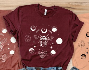 Mystical Moon Bee Shirt For Women Bee Graphic Tee Moon Phases Print Boho Shirt Plus Size Queen Bee Shirt Crescent Moon Shirt Celestial Shirt