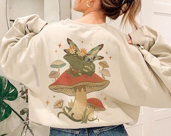 Frog Sweatshirt Mushroom Sweatshirt Cottagecore Sweater Mushroom Sweater Goblincore Clothing Frog Sweater Frog And Toad Mushroom Lovers Gift