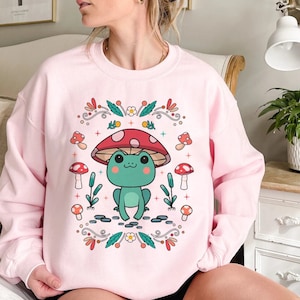 Kawaii Frog Sweatshirt Kawaii Frog Sweater Kawaii Sweatshirt Cottagecore Clothes Cottagecore Sweater Fall Clothes Mushroom Sweatshirt Gifts