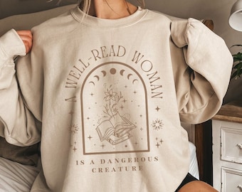 A Well Read Woman Bookish Sweatshirt Book Sweatshirt Reading Sweatshirt Literature Shirt Librarian Shirt Bookish Crewneck Celestial Sweater