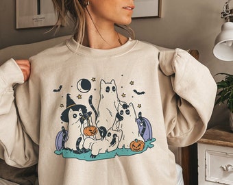 Halloween Cat Sweater Retro Halloween Crewneck Halloween Sweater Vintage Black Cat Sweatshirt Spooky Cat Mom Sweatshirt Kawaii Cat Shirt