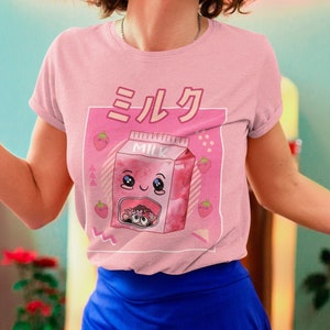 Rosa morango leite t camisa plus size roupas kawaii japonês kawaii morango camisa morango presente para a menina bonito kawaii rosa leite camisa