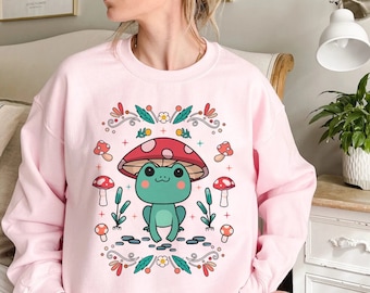 Kawaii Frog Felpa Kawaii Frog Sweater Kawaii Felpa Cottagecore Vestiti Cottagecore Maglione Fall Clothes Mushroom Sweatshirt Regali