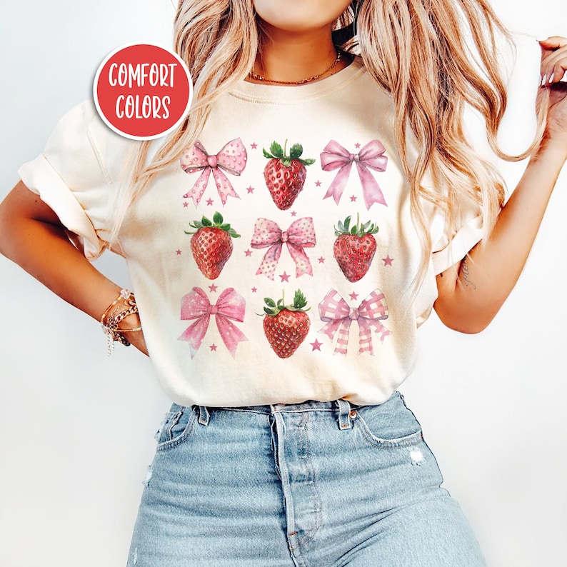 Coquette Strawberry Shirt Coquette Clothes Preppy Stuff Coquette Clothing Coquette Shirt Cottage Core Clothes Pink Bow Shirt Ribbon Shirt image 1