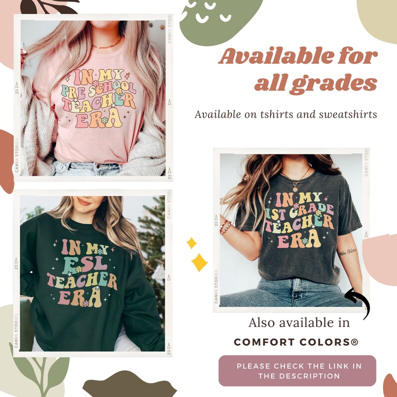 以下が含まれることがあります： レトロなフォントで「In My [Grade] Teacher Era」と書かれたTシャツの画像が3枚。Tシャツは黒、ピンク、グレーで販売されています。テキストは虹色のカラーリングです。画像の上には「全学年対応」と「Tシャツとスウェットシャツで販売」というテキストが表示されています。画像の下には「COMFORT COLORS&reg;でも販売」と「説明欄のリンクを確認してください」というテキストが表示されています。