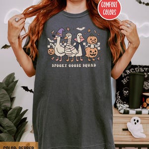 May include: Dark grey t-shirt with a Halloween graphic. The design shows cartoon geese dressed as a witch, mummy, vampire, and pumpkin. The text "Spooky Goose Squad" is below the graphic. The shirt is labelled "Comfort Colors" and the colour is "Pepper".