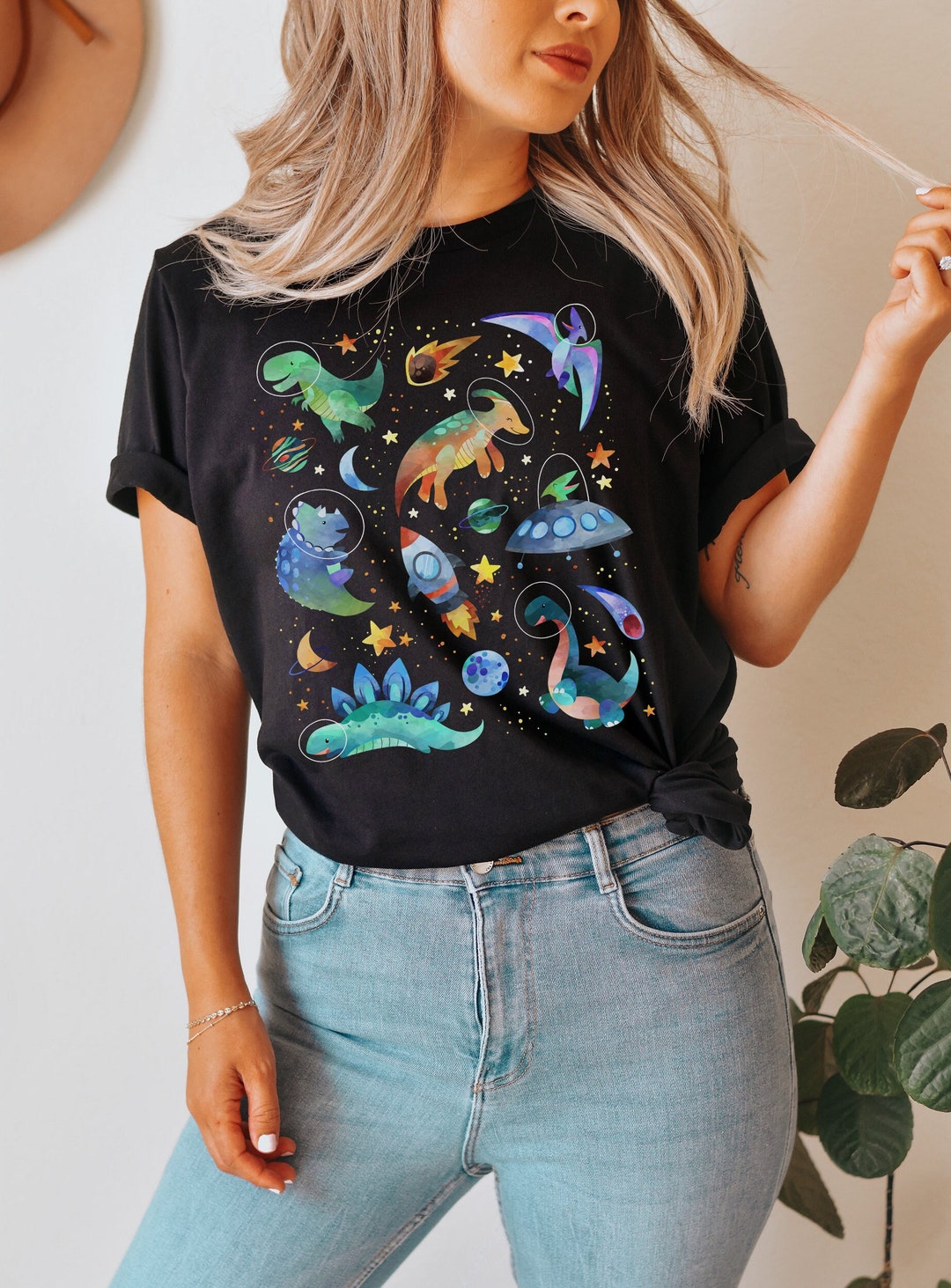 Space Dinosaur Shirt Womens Dinosaur Print Shirt Paleontology Shirt