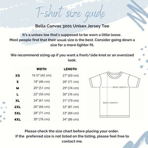 May include: A size chart for Bella Canvas 3001 Unisex Jersey Tee t-shirts. The chart shows the width and length measurements in inches and centimeters for sizes XS to 4XL.