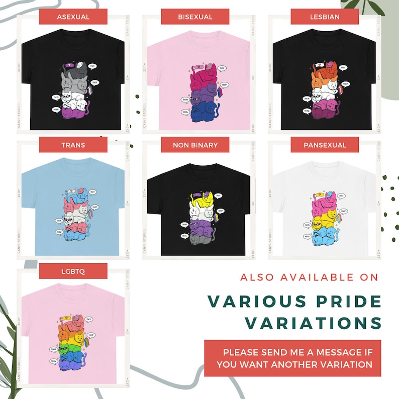 K&ouml;nnte beinhalten: Eine Kollektion von sieben T-Shirts in Schwarz, Pink, Hellblau und Wei&szlig;, jeweils mit einer Grafik von gestapelten Katzen und Sprechblasen mit der Aufschrift "tee" und "hee". Die Designs enthalten verschiedene Pride-Flaggenfarben. Der Text lautet: "ALSO AVAILABLE ON VARIOUS PRIDE VARIATIONS. PLEASE SEND ME A MESSAGE IF YOU WANT ANOTHER VARIATION."