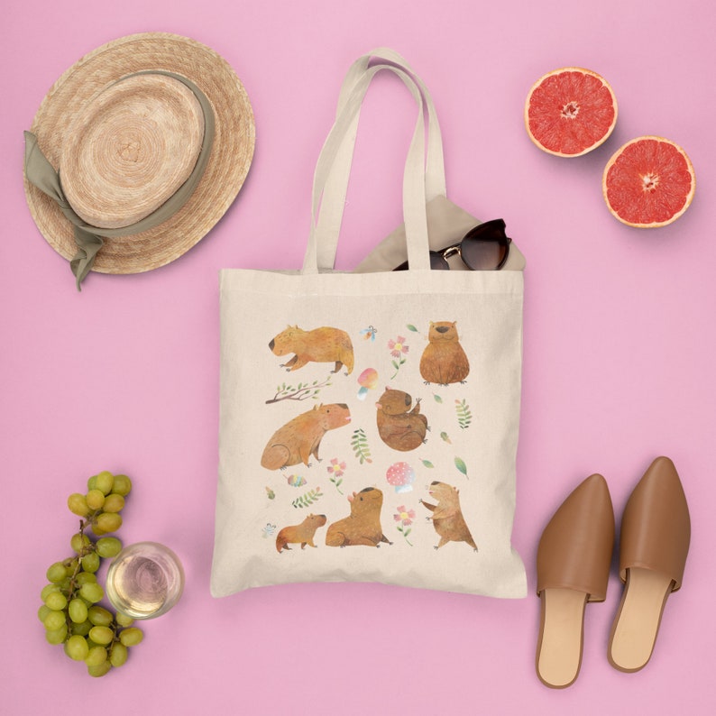 Capybara Tote Bag Aesthetic Tote Bag Capybara Gift Animal Tote Bag Cottagecore Bag Cottagecore Tote Bag Capybara Lover Gift Library Tote Bag image 3