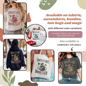 May include: A set of various products featuring a design with the text "Morally Grey Book Club" and a graphic of a skull and books. The products include a t-shirt, a tote bag, a hoodie, and a mug.