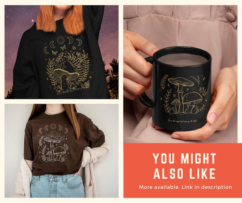 May include: A black mug with a gold outline of mushrooms, leaves, and the text "You are the magic what you go through".
