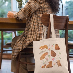 Capybara Tote Bag Aesthetic Tote Bag Capybara Gift Animal Tote Bag Cottagecore Bag Cottagecore Tote Bag Capybara Lover Gift Library Tote Bag image 2