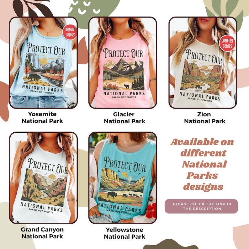 May include: A collection of sleeveless shirts featuring National Park designs. Each shirt displays a park name and a nature-themed graphic with the text "PROTECT OUR NATIONAL PARKS." The shirts are available in various colors and designs, including Yosemite, Glacier, Zion, Grand Canyon, and Yellowstone.