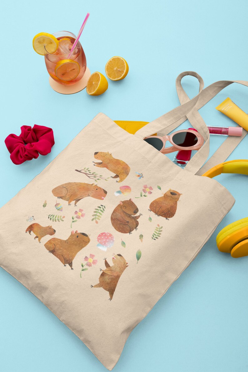 Capybara Tote Bag Aesthetic Tote Bag Capybara Gift Animal Tote Bag Cottagecore Bag Cottagecore Tote Bag Capybara Lover Gift Library Tote Bag image 4