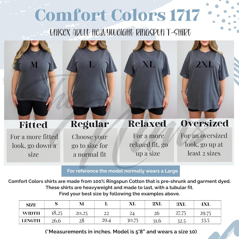 Peut inclure: Tableau des tailles pour t-shirts unisexes en jersey ringspun lourd pour adultes de Comfort Colors. Le tableau indique les mesures de largeur et de longueur en pouces pour les tailles S &agrave; 4XL. Le tableau comprend &eacute;galement des descriptions de l'ajustement pour chaque taille&nbsp;: ajust&eacute;, r&eacute;gulier, d&eacute;contract&eacute; et surdimensionn&eacute;.
