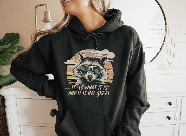 May include: Black hooded sweatshirt with a graphic of a raccoon wearing sunglasses in front of a sunset. The text "It is what it is and it is not great" is printed below the raccoon.