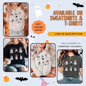 May include: Three models wearing different styles of shirts featuring a cute Halloween design of ghosts, witches, and cauldrons. The text on the image reads "Available on Sweatshirts & T-Shirts. Link in Description. Also available in Comfort Colors&reg;"