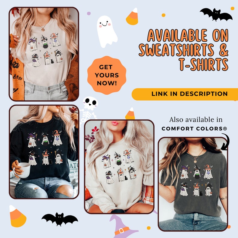 May include: Three models wearing different styles of shirts featuring a cute Halloween design of ghosts, witches, and cauldrons. The text on the image reads "Available on Sweatshirts & T-Shirts. Link in Description. Also available in Comfort Colors&reg;"