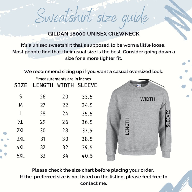 May include: A size chart for a unisex Gildan 18000 crewneck sweatshirt. The chart shows measurements in inches for length, width, and sleeve length for sizes S through 5XL.