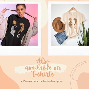 Op de afbeelding: Twee afbeeldingen van een T-shirt met een grafisch ontwerp van een zon, maan en twee tijgers. De eerste afbeelding toont een persoon die het zwarte T-shirt draagt. De tweede afbeelding toont het T-shirt op een hanger met een hoed en een plant op de achtergrond. De tekst "Also available on T-shirts" staat onder de afbeeldingen. De tekst "Please check the link in description" staat onder de tekst.
