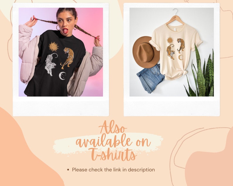 Op de afbeelding: Twee afbeeldingen van een T-shirt met een grafisch ontwerp van een zon, maan en twee tijgers. De eerste afbeelding toont een persoon die het zwarte T-shirt draagt. De tweede afbeelding toont het T-shirt op een hanger met een hoed en een plant op de achtergrond. De tekst "Also available on T-shirts" staat onder de afbeeldingen. De tekst "Please check the link in description" staat onder de tekst.
