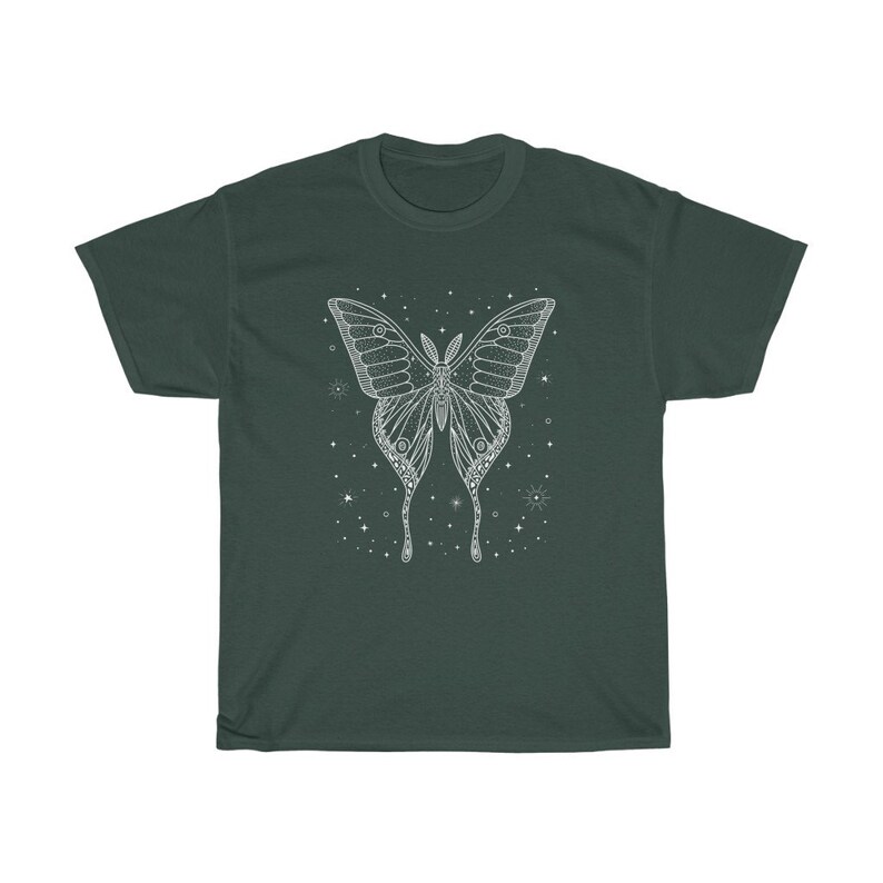 May include: A dark green t-shirt with a white outline of a butterfly with a starry background.