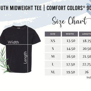 May include: Black youth midweight tee shirt with a size chart. The chart shows measurements in inches for sizes XS to XL. The shirt's width ranges from 13.50 to 19.50 inches, and the length ranges from 18.75 to 26 inches.