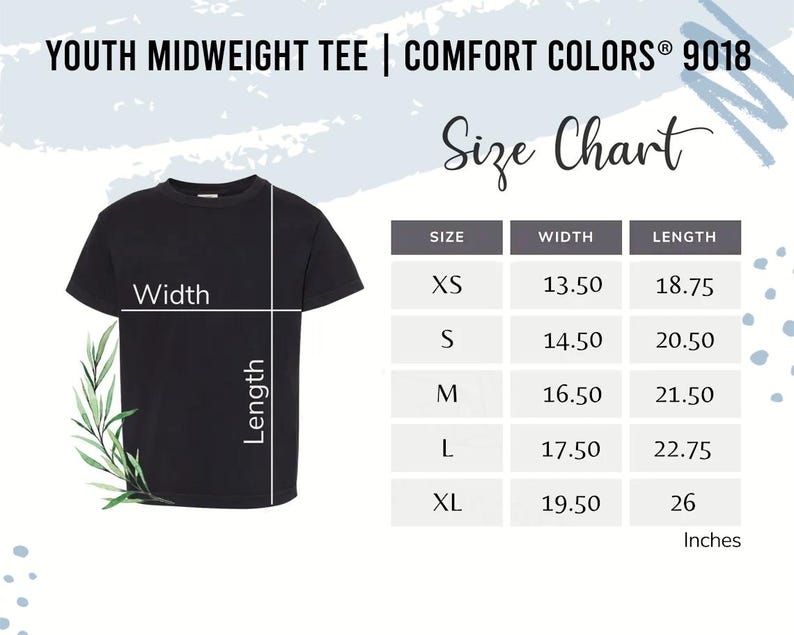 May include: Black youth midweight tee shirt with a size chart. The chart shows measurements in inches for sizes XS to XL. The shirt's width ranges from 13.50 to 19.50 inches, and the length ranges from 18.75 to 26 inches.