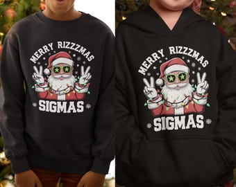 メリー・リズマス・シグマス おもしろキッズクリスマスシャツ ジェンアルファシャツ サンタパーカー 中学校クリスマススウェットシャツ キッズ向けクリスマスプレゼント