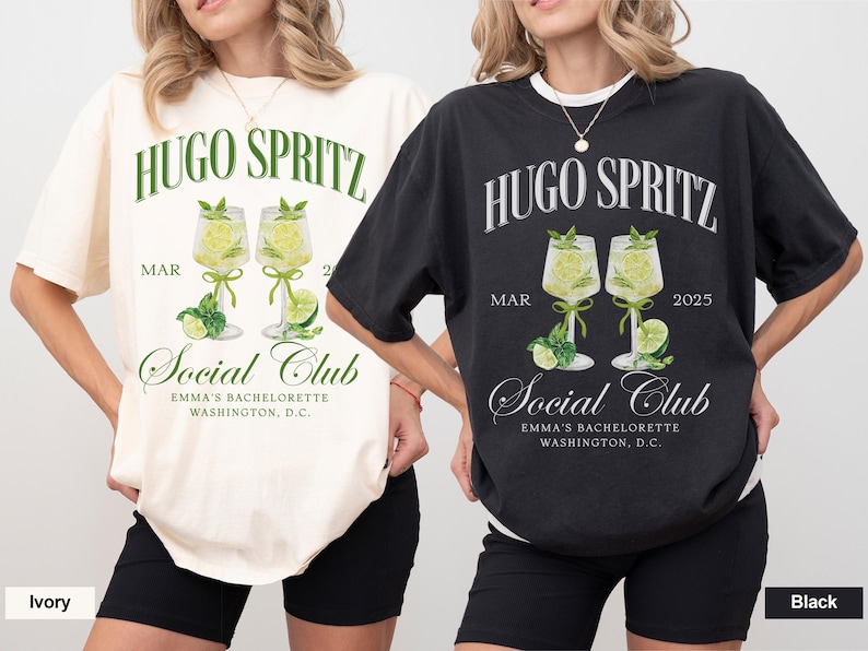 May include: Two t-shirts with a graphic design featuring a cocktail drink with the text "Hugo Spritz" and "Social Club" with the dates "MAR 2" and "MAR 2025". The t-shirts are available in ivory and black.