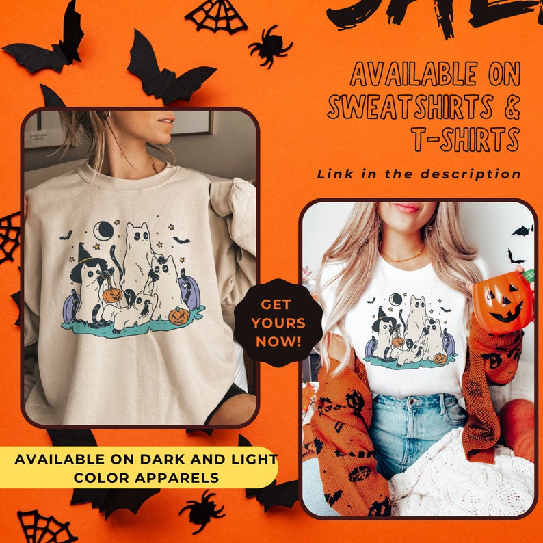 May include: Two t-shirts featuring a Halloween design of cats with pumpkins and stars. The text "GET YOURS NOW!" is on a white circle. The text "AVAILABLE ON DARK AND LIGHT COLOR APPARELS" is at the bottom of the image. The text "AVAILABLE ON SWEATSHIRTS & T-SHIRTS" is at the top of the image. The text "Link in the description" is below the text "AVAILABLE ON SWEATSHIRTS & T-SHIRTS".