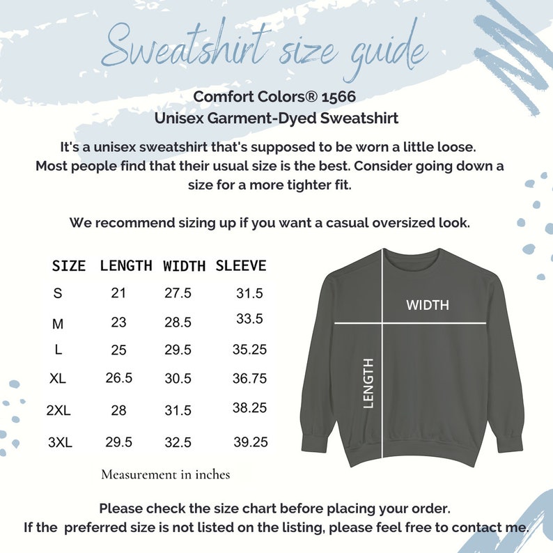 Peut inclure: Un tableau des tailles pour un sweat-shirt unisexe, indiquant les mesures de longueur, de largeur et de manche en pouces pour les tailles S &agrave; 3XL. Le tableau est intitul&eacute; "Comfort Colors&reg; 1566 Sweat-shirt unisexe teint&eacute; en pi&egrave;ce".