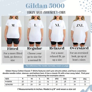 Pu&ograve; includere: Una tabella delle taglie per le magliette a collo rotondo unisex per adulti Gildan 5000. La tabella mostra le diverse taglie disponibili, dalla S alla 5XL, e le misure di larghezza e lunghezza corrispondenti in pollici. La tabella include anche una descrizione della vestibilit&agrave; per ogni taglia: Attillata, Regular, Rilassata e Oversized. Il modello indossa normalmente una taglia L.