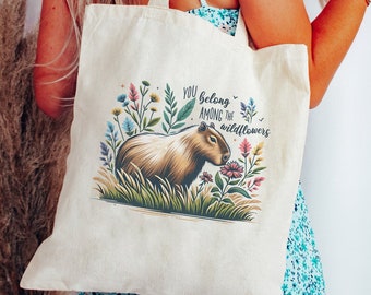 Capybara Tragetasche Ästhetische Tragetasche Capybara Geschenk Wildblumen Tragetasche Cottagecore Tasche Cottagecore Tragetasche Tier-Einkaufstasche Coole Tragetasche