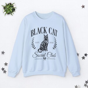 Custom Black Cat Sweatshirt Black Cat Sweater Old Money Aesthetic Clothes Social Club Sweatshirt Halloween Black Cat Gifts Cat Lover Gifts Light Blue