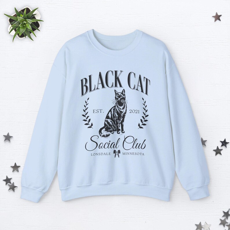 Custom Black Cat Sweatshirt Black Cat Sweater Old Money Aesthetic Clothes Social Club Sweatshirt Halloween Black Cat Gifts Cat Lover Gifts Light Blue
