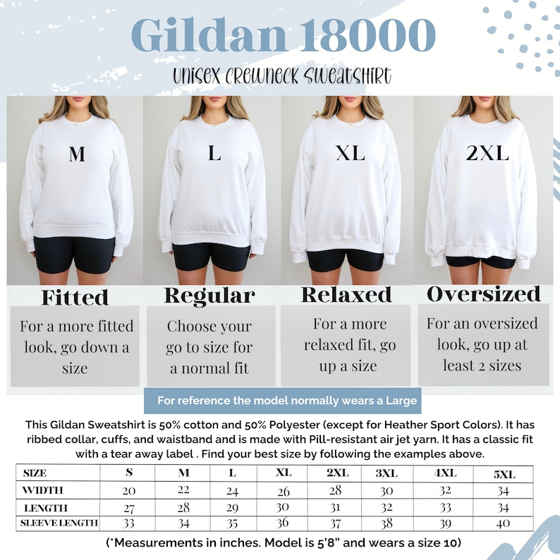 May include: A size chart for Gildan 18000 Unisex Crewneck Sweatshirts. The chart shows the different sizes available, from S to 5XL, and the corresponding measurements in inches for width, length, and sleeve length. The chart also includes a description of the fit for each size: Fitted, Regular, Relaxed, and Oversized. The model normally wears a Large.