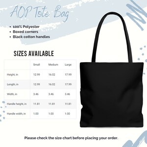 May include: A black tote bag with boxed corners and black cotton handles. The bag is available in three sizes: small, medium, and large. The size chart shows the height, length, width, handle height, and handle width in inches for each size.