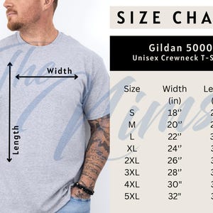 May include: A light gray Gildan 5000 unisex crewneck t-shirt. The image includes a size chart with measurements in inches for sizes S through 5XL. The chart shows the width and length of the shirts.