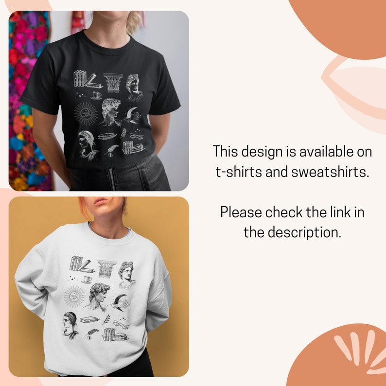 Puede incluir: Una sudadera blanca y una camiseta negra con un estampado gr&aacute;fico de un dise&ntilde;o blanco que presenta una variedad de im&aacute;genes, incluyendo un busto de un hombre, una luna creciente, un sol, una taza, libros y una columna. El texto "This design is available on t-shirts and sweatshirts. Please check the link in the description." es visible en la imagen.