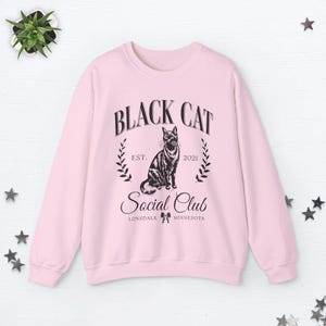 Custom Black Cat Sweatshirt Black Cat Sweater Old Money Aesthetic Clothes Social Club Sweatshirt Halloween Black Cat Gifts Cat Lover Gifts Light Pink