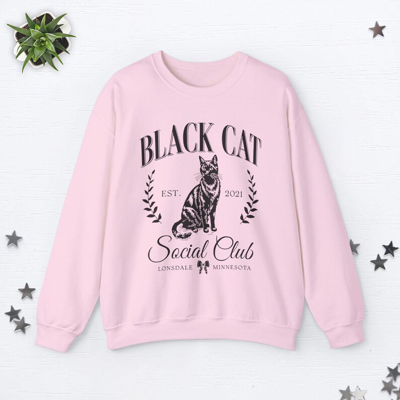 Custom Black Cat Sweatshirt Black Cat Sweater Old Money Aesthetic Clothes Social Club Sweatshirt Halloween Black Cat Gifts Cat Lover Gifts Light Pink