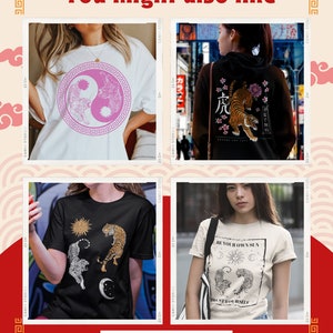 May include: Four different t-shirt designs featuring tigers, yin yang symbols, and celestial imagery. The shirts are all white, black, or beige with black or pink graphics.