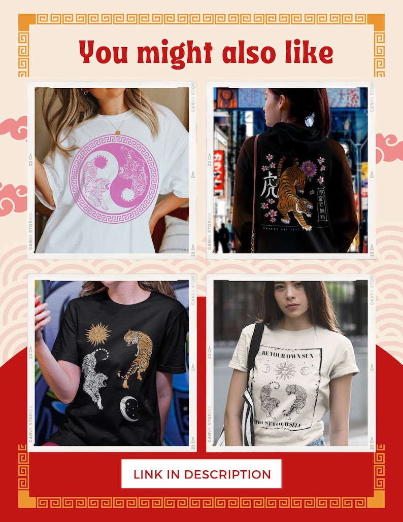 May include: Four different t-shirt designs featuring tigers, yin yang symbols, and celestial imagery. The shirts are all white, black, or beige with black or pink graphics.